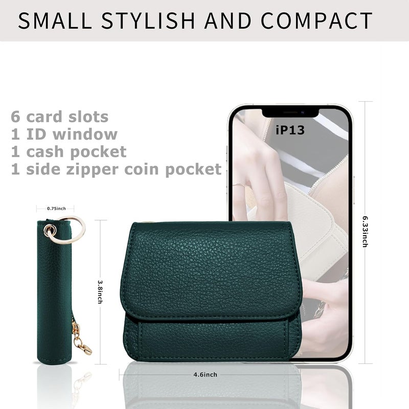 Sunpour Women Small Wallet RFID Blocking Slim Wallet with Coin Pocket Tri-Fold Credit Card Holder with ID Window and Keychain (Dark Green) - Image 2
